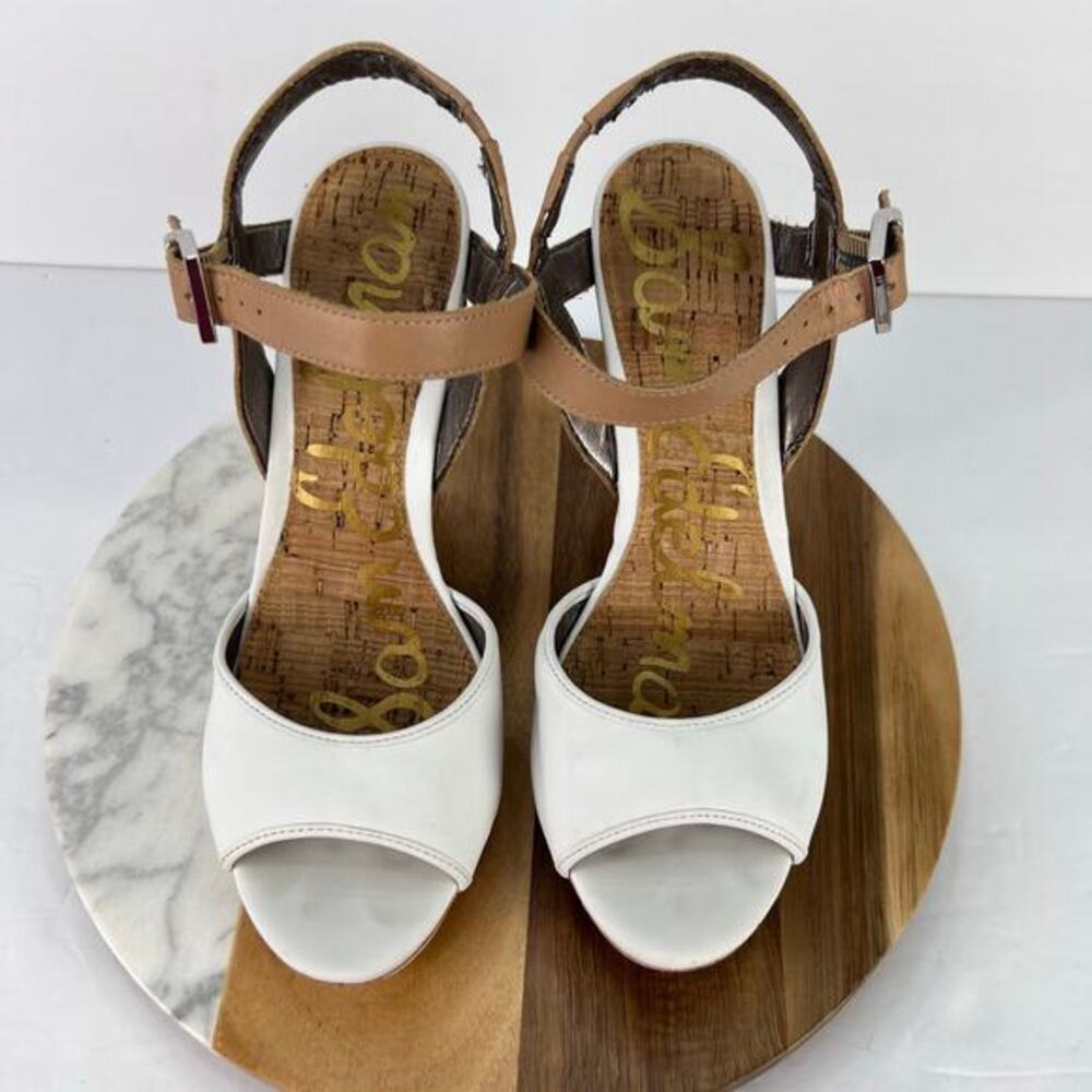 SAM EDELMAN Karina Sandal Slingback Cork Wedge White Leather Heel 7.5 - Picture 6 of 12